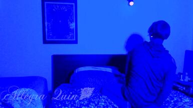 Trans Beauty Riding Neon Sex Tool beneath Ebony Light - 2 image