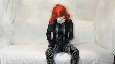 Sissy Crossdesser Solo Masturbation Toy Tongue Sex Toy Cook Jerking in Fetish Latex Gloves and in Wig - 14 image