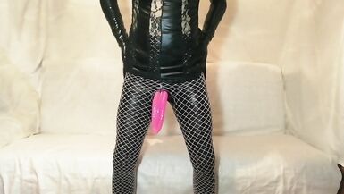 Sissy Crossdesser Solo Masturbation Toy Tongue Sex Toy Cook Jerking in Fetish Latex Gloves and in Wig - 8 image