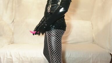 Sissy Crossdesser Solo Masturbation Toy Tongue Sex Toy Cook Jerking in Fetish Latex Gloves and in Wig