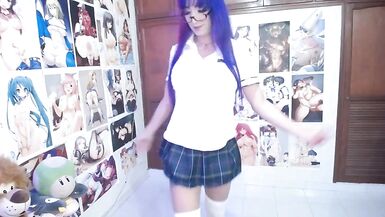 School hotty rides a large glass sex tool and Cum a lot