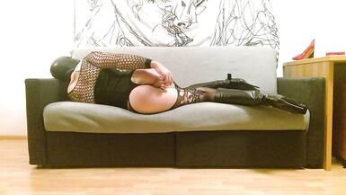 Athletic Crossdresser with Giant Bazookas and High Heels Copulates himself - 12 image