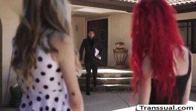 Redhead TS and her bff drilled by agent - 1 image