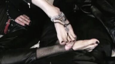 Goth Femboy Raven Solo in Leather & Fishnets - Blowjob, Footjob and Anal