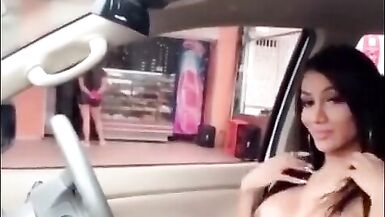 Yolanda is a very Horny Shemale Wanking it in the Car and Busted - 7 image