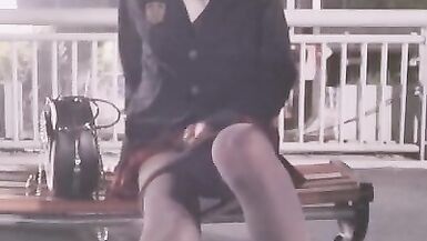 Crossdresser Masturbating on Footbridge and Cum on Feet - 11 image