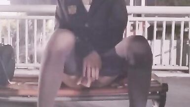 Crossdresser Masturbating on Footbridge and Cum on Feet - 14 image