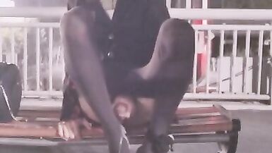 Crossdresser Masturbating on Footbridge and Cum on Feet