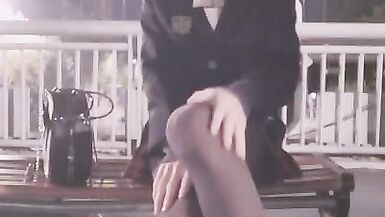 Crossdresser Masturbating on Footbridge and Cum on Feet - 2 image