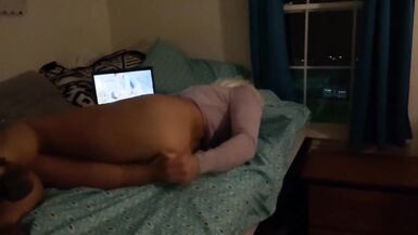 Sissy Window Exhibitionist Trans Cums like a Good Girl Riding a HUGE Dildo - 4 image