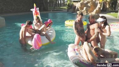 Four shemales in an anal pool group orgy - 14 image