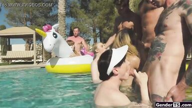 Four shemales in an anal pool group orgy - 9 image