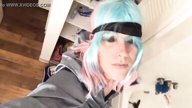 Sexy tranny strokes her huge cock in a school girl uniform - 11 image