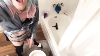 Sexy tranny strokes her huge cock in a school girl uniform - 13 image