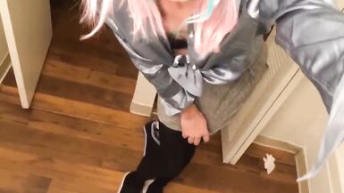 Sexy tranny strokes her huge cock in a school girl uniform - 6 image