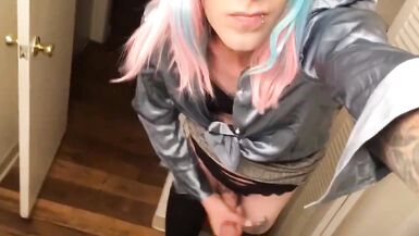 Sexy tranny strokes her huge cock in a school girl uniform - 7 image