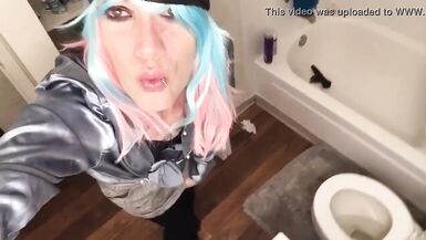 Sexy tranny strokes her huge cock in a school girl uniform - 9 image