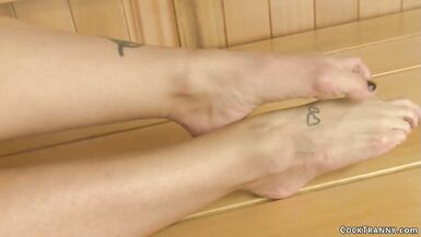 Busty blonde fucks black TS in sauna - 4 image