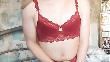 Crossdresser Trap Masturbation in Red Lingerie - 14 image