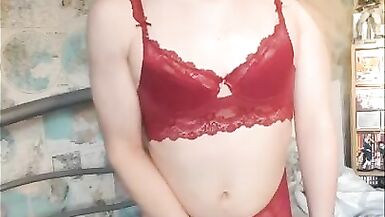 Crossdresser Trap Masturbation in Red Lingerie - 15 image