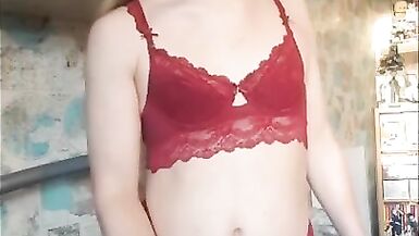 Crossdresser Trap Masturbation in Red Lingerie - 8 image