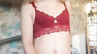 Crossdresser Trap Masturbation in Red Lingerie
