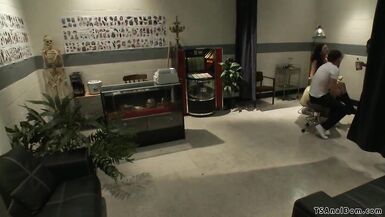 TS tattoo shop owner threesome - 1 image