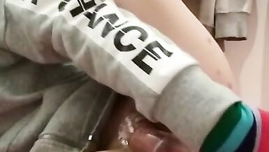 Femboy in Rainbow Thighhighs and Chastity Cage uses 6 Inch Dildo in the Ass - 5 image