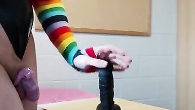 Rainbow Femboy in a Chastity Cage and Shiny Leotard Rides a BBC Dildo - 2 image