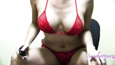 Sexy Sapphire Young in Red Lingerie Playing with her Big Cock - 2 image