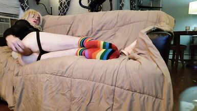 Trans Girl Fucks BBC Dildo and Cums all over herself - 1 image