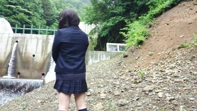 Cute Transgender Ejaculates Lewdly as she Exposes herself at a Dam Deep in the Mountains. - 1 image
