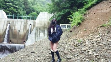 Cute Transgender Ejaculates Lewdly as she Exposes herself at a Dam Deep in the Mountains. - 11 image