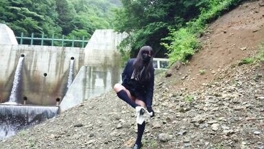 Cute Transgender Ejaculates Lewdly as she Exposes herself at a Dam Deep in the Mountains. - 12 image