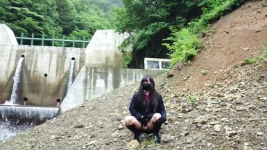 Cute Transgender Ejaculates Lewdly as she Exposes herself at a Dam Deep in the Mountains. - 4 image