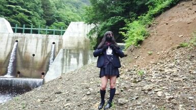 Cute Transgender Ejaculates Lewdly as she Exposes herself at a Dam Deep in the Mountains. - 5 image