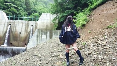 Cute Transgender Ejaculates Lewdly as she Exposes herself at a Dam Deep in the Mountains. - 8 image