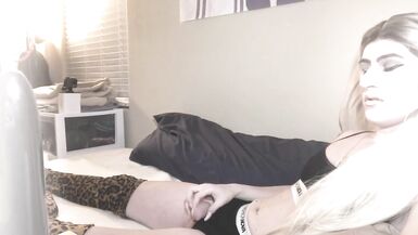 Sexy Shemale Valeria Belnades Jerks Massive Cock Wearing Thigh High Boots - 1 image