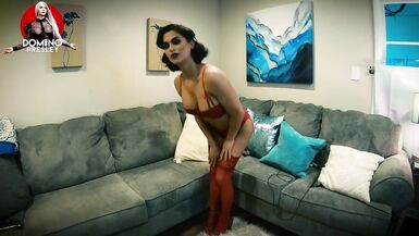 Pin up Transsexual in Red Stockings Busting a MASSIVE Load - 3 image