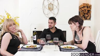 Two naughty shemales Lena Moo shared bad guys big penis and swallowed it - 2 image