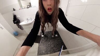 Trap Riding Dildo in Hotel Bathroom and Fires Cum on the Floor - 5 image