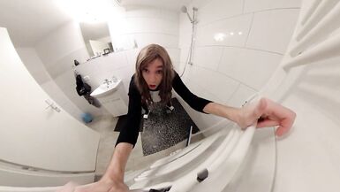 Trap Riding Dildo in Hotel Bathroom and Fires Cum on the Floor