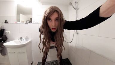 Trap Riding Dildo in Hotel Bathroom and Fires Cum on the Floor - 8 image