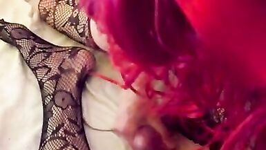 Redheaded Sissy Edging her Big Cock, Ready to Cum with you in a Favorite Bodystocking  - 15 image