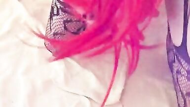 Redheaded Sissy Edging her Big Cock, Ready to Cum with you in a Favorite Bodystocking  - 9 image