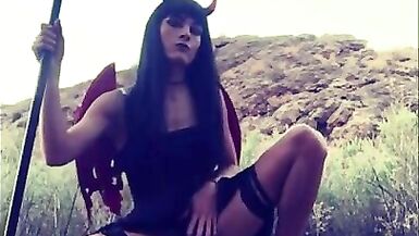 Happy Halloween. Devil Trans Teases and JO till she Cums near a Trail. - 6 image