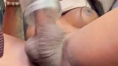 Laura masturbates her big cock in public and sprays hot milk - 8 image