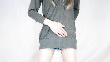 Femboy Crossdresser Shoots a Huge Load of Cum without using Hands in Jean Shorts - 1 image