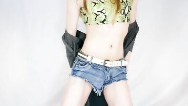 Femboy Crossdresser Shoots a Huge Load of Cum without using Hands in Jean Shorts - 4 image