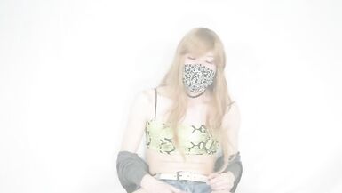 Femboy Crossdresser Shoots a Huge Load of Cum without using Hands in Jean Shorts - 8 image